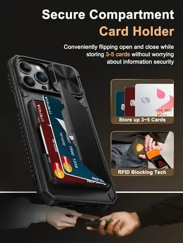 Vihibii чехол для iPhone 13 Pro Max/iPhone 12 Pro Max с держателем для карт (4 карты) [RFID-блокировка] и сдвижной крышкой камеры, защита от падений военного класса, прочный корпус и силиконовый край, черный - 3
