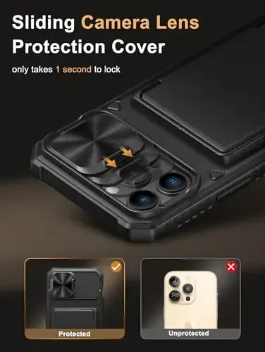 Vihibii чехол для iPhone 13 Pro Max/iPhone 12 Pro Max с держателем для карт (4 карты) [RFID-блокировка] и сдвижной крышкой камеры, защита от падений военного класса, прочный корпус и силиконовый край, черный - 4