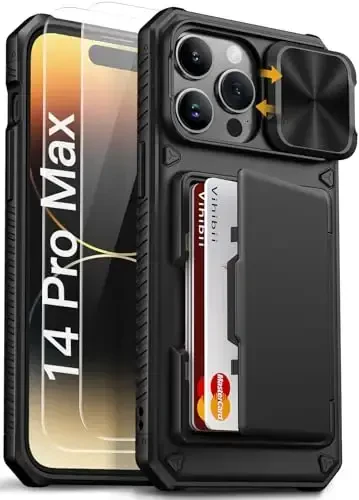 Vihibii чехол для iPhone 14 Pro Max с [2 защитными пленками для экрана], встроенным держателем для карт (4 карты), [RFID-блокировка] и сдвижной крышкой камеры и пленками из закаленного стекла, прочный чехол-бумажник для 14 Pro Max 5g, черный - 1