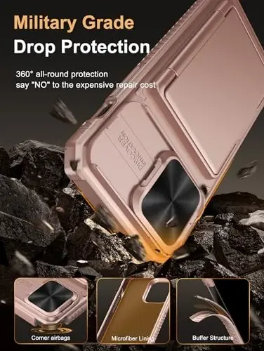 Vihibii чехол для iPhone 14 Pro Max с держателем для карт (4 карты), [RFID-блокировка] и сдвижной крышкой объектива камеры, защита от падений военного класса, прочный чехол-бумажник для тяжелых условий эксплуатации, 6,7 дюйма 2022, розовое золото - 5