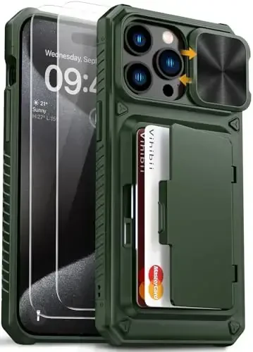 Vihibii чехол для iPhone 15 Pro Max с держателем карт (4 карты), встроенная 2-кратная защита экрана из закаленного стекла, сдвижная крышка камеры и подставка, защита от падений военного класса, прочный чехол-бумажник, зеленый 