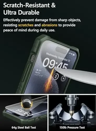 Vihibii чехол для iPhone 15 Pro Max с держателем карт (4 карты), встроенная 2-кратная защита экрана из закаленного стекла, сдвижная крышка камеры и подставка, защита от падений военного класса, прочный чехол-бумажник, зеленый - 3