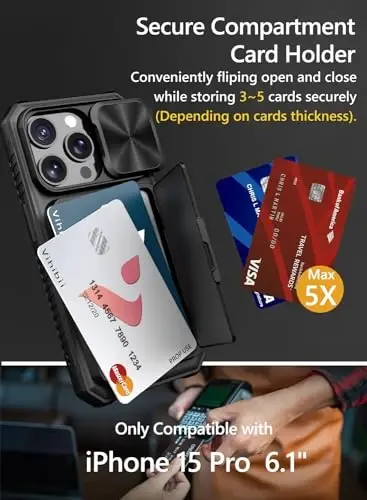 Vihibii чехол для iPhone 15 Pro с держателем карт (4 карты) и сдвижной крышкой камеры и подставкой, противоударный прочный жесткий задник и мягкий край кошелька из ТПУ для iPhone 15 Pro 5G 6.1