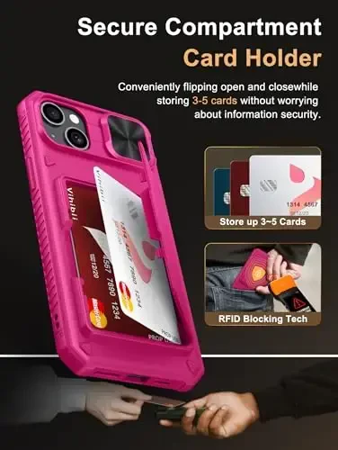 Vihibii для 15 Plus/iPhone 14 Plus чехол-бумажник с держателем карт (4 карты), [RFID-блокировка] и сдвижной крышкой камеры и приподнятыми краями для защиты экрана, сверхпрочный чехол для iPhone 15 Plus/14 Plus, ярко-розовый - 3