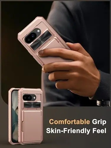 Vihibii для Google Pixel 9a чехол-бумажник с держателем для карт (4 карты) [RFID-блокировка] и сдвижной крышкой камеры и приподнятыми краями, защищающими экран, противоударный прочный чехол для Google Pixel 9a 2025, розовое золото - 6