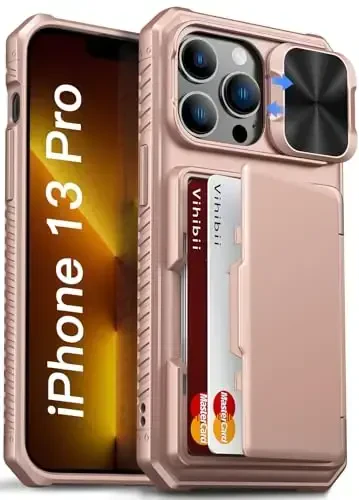 Vihibii для iPhone 13 Pro Чехол-бумажник с держателем для карт (4 карты), [RFID-блокировка] и сдвижной крышкой объектива камеры и приподнятыми краями для защиты экрана, противоударный прочный чехол-бумажник для телефона, 6,1