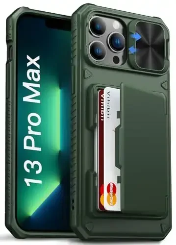 Vihibii для iPhone 13 Pro Max/iPhone 12 Pro Max Чехол-бумажник, встроенный держатель карт (4 карты), [RFID-блокировка] и сдвижная крышка камеры, защита от падения военного класса, силиконовый чехол для телефона с мягкими краями, зеленый 