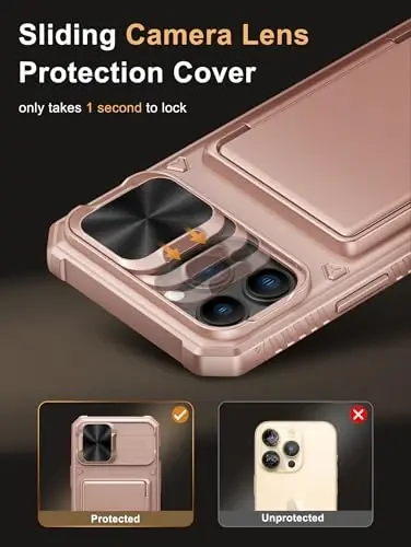 Vihibii для iPhone 13 Pro Max/iPhone 12 Pro Max чехол с держателем для карт (4 карты), [RFID блокировка] и сдвижной крышкой объектива камеры, защита от падения военного класса, прочный чехол-бумажник для телефона, розовое золото - 4