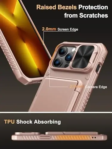 Vihibii для iPhone 13 Pro Max/iPhone 12 Pro Max чехол с держателем для карт (4 карты), [RFID блокировка] и сдвижной крышкой объектива камеры, защита от падения военного класса, прочный чехол-бумажник для телефона, розовое золото - 6
