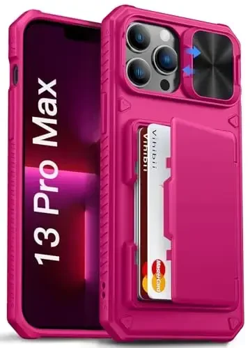 Vihibii для iPhone 13 Pro Max/iPhone 12 Pro Max чехол с держателем для карт (4 карты), [RFID защита] и сдвижной крышкой объектива камеры, защита от падений военного класса, прочный прочный чехол-бумажник для телефона, розовый 