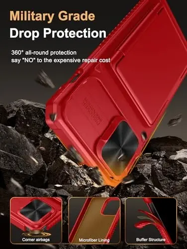 Vihibii для iPhone 13 Pro Max/iPhone 12 Pro Max чехол с держателем карт (4 карты), [RFID блокировка] и сдвижная крышка камеры и приподнятые края для защиты экрана, противоударный чехол-бумажник для телефона, красный - 5