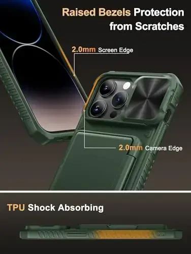 Vihibii для iPhone 14 Pro Max чехол-бумажник, встроенный держатель карт (4 карты), [RFID-блокировка] и сдвижная крышка камеры, защита от падения военного класса, чехол для телефона-бумажника с мягкими краями из ТПУ, 6,7 дюйма 2022 г., зеленый - 6