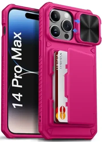 Vihibii для iPhone 14 Pro Max с держателем карт (4 карты), [RFID-блокировка] и сдвижной крышкой камеры, приподнятые края защищают экран, защита от падений военного уровня, прочный чехол-бумажник, 6,7 дюйма, ярко-розовый - VIHIBII
