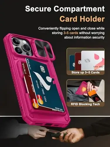 Vihibii для iPhone 14 Pro Max с держателем карт (4 карты), [RFID-блокировка] и сдвижной крышкой камеры, приподнятые края защищают экран, защита от падений военного уровня, прочный чехол-бумажник, 6,7 дюйма, ярко-розовый - 3