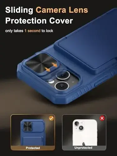 Vihibii для iPhone 15, iPhone 14 и iPhone 13 Чехол-кошелек с держателем для карт (4 карты), [RFID Blocking] и сдвижной крышкой объектива камеры и приподнятыми краями для защиты экрана, противоударный чехол-кошелек для телефона, синий - 4