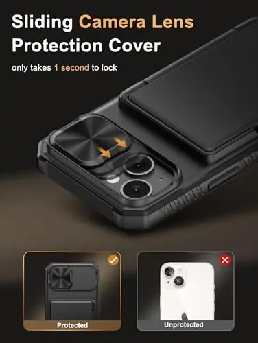 Vihibii для iPhone 15, iPhone 14 и iPhone 13 чехол с держателем для карт (4 карты) [RFID Blocking] и сдвижной крышкой камеры, защита от падений военного класса, прочная жесткая задняя часть и силиконовый чехол из ТПУ, черный - 4