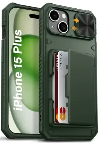 Vihibii для iPhone 15 Plus/iPhone 14 Plus чехол-бумажник, встроенный держатель карт (4 карты), [RFID-блокировка] и сдвижная крышка камеры, защита от падения военного класса, чехол для телефона-бумажника с мягким краем из ТПУ, зеленый - 1