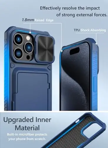 Vihibii для iPhone 15 Pro Max чехол-бумажник с держателем для карт (4 карты) и сдвижной защитной крышкой объектива, подставкой и приподнятыми краями для защиты экрана, противоударный прочный чехол для iPhone 15 Pro Max 6,7
