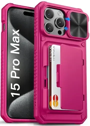 Vihibii для iPhone 15 Pro Max чехол-бумажник с держателем карт (4 карты) и сдвижной крышкой камеры и подставкой, приподнятые края защищают экран, прочная жесткая задняя крышка для iPhone 15 Pro Max, 5G 6.7