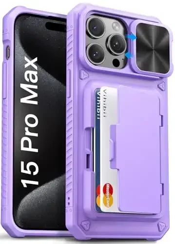 Vihibii для iPhone 15 Pro Max чехол-бумажник с держателем карт (4 карты) и сдвижной крышкой объектива и подставкой, противоударный прочный жесткий задник и приподнятые края Защитный чехол для iPhone 15 Pro Max, 5G 6,7