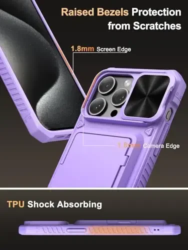 Vihibii для iPhone 15 Pro Max чехол-бумажник с держателем карт (4 карты) и сдвижной крышкой объектива и подставкой, противоударный прочный жесткий задник и приподнятые края Защитный чехол для iPhone 15 Pro Max, 5G 6,7