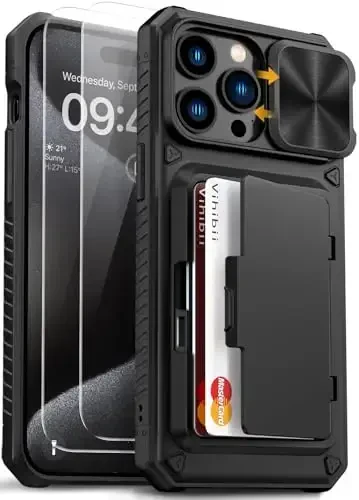 Vihibii для iPhone 15 Pro Max с держателем карт (4 карты), встроенная 2X защита экрана из закаленного стекла, сдвижная крышка камеры и подставка, защита от падений военного класса, прочный чехол-бумажник, черный 