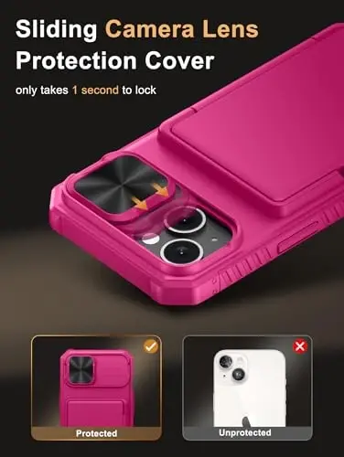 Vihibii для iPhone 15/14/13 Чехол-бумажник с держателем карт (4 карты), RFID-блокировка, сдвижная крышка камеры, приподнятые края для защиты экрана, противоударный чехол для телефона, ярко-розовый - 4