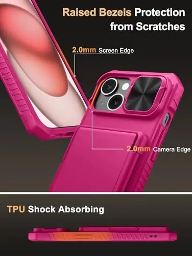 Vihibii для iPhone 15/14/13 Чехол-бумажник с держателем карт (4 карты), RFID-блокировка, сдвижная крышка камеры, приподнятые края для защиты экрана, противоударный чехол для телефона, ярко-розовый - 6