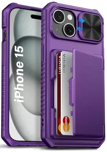 Vihibii для iPhone 15/14/13 Чехол-бумажник, встроенный держатель карт (4 карты), защита от RFID и сдвижная крышка камеры, защита от падений военного класса, прочный жесткий чехол для телефона, темно-фиолетовый - 1