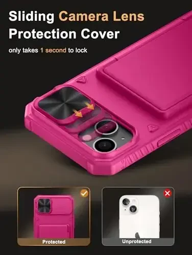 Vihibii for 15 Plus/iPhone 14 Plus Wallet Case with Card Holder (4 Cards), [RFID Blocking] & Slide Camera Cover & Raised Edges Protect Screen, Heavy Duty Case for iPhone 15 Plus/ 14 Plus, Hot Pink - 4