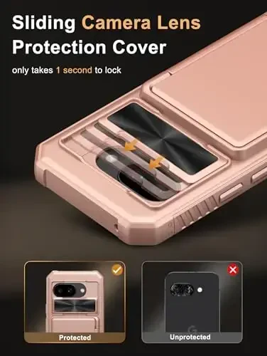 Vihibii for Google Pixel 9a Case Wallet with Card Holder (4 Cards) [RFID Blocking] & Slide Camera Cover & Raised Edges Protect Screen, Shockproof Rugged Phone Cover for Google Pixel 9a 2025, Rose Gold - 4
