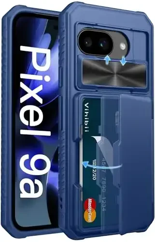 Vihibii for Google Pixel 9a Case with Card Holder (4 Cards), [RFID Blocking] & Slide Camera Cover, Military Grade Drop Protection, Heavy Duty Shockproof Wallet Case for Google Pixel 9a 2025, Blue - VIHIBII