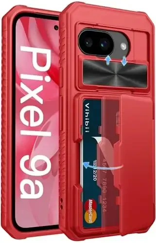 Vihibii for Google Pixel 9a Case with Card Holder (4 Cards), [RFID Blocking] & Slide Camera Cover, Military Grade Drop Protection, Heavy Duty Shockproof Wallet Cover for Google Pixel 9a 2025, Red - 1