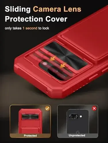 Vihibii for Google Pixel 9a Case with Card Holder (4 Cards), [RFID Blocking] & Slide Camera Cover, Military Grade Drop Protection, Heavy Duty Shockproof Wallet Cover for Google Pixel 9a 2025, Red - 4