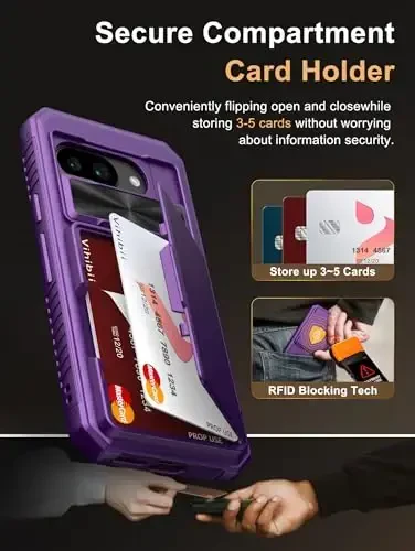 Vihibii for Google Pixel 9a Case with Card Holder (4 Cards), [RFID Blocking] & Slide Camera Cover, Military Grade Drop Protection, Shockproof Rugged Phone Case for Google Pixel 9a 2025, Dark Purple - 3