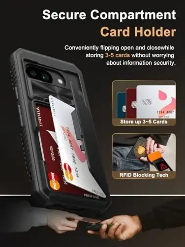 Vihibii for Google Pixel 9a Wallet Case with Card Holder (4 Cards), [RFID Blocking] & Slide Camera Cover & Raised Edges Protect Screen, Shockproof Rugged Phone Cover for Google Pixel 9a 2025, Black - 3