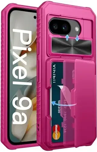 Vihibii for Google Pixel 9a Wallet Case with Card Holder (4 Cards), [RFID Blocking] & Slide Camera Lens Cover & Raised Edges Protect Screen, Shockproof Case for Google Pixel 9a 2025, Hot Pink - VIHIBII