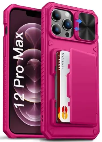 Vihibii for iPhone 12 Pro Max Case Wallet, Card Holder (4 Cards), Hot Pink | RFID Blocking, Slide Camera Cover, Military Grade Drop Protection, Rugged Hard Phone Case for 12 Pro Max, 2020, Rose Gold - 1