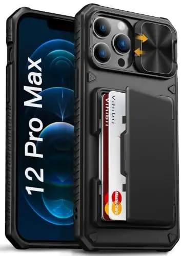 Vihibii for iPhone 12 Pro Max Case Wallet with Card Holder (4 Cards), Black | RFID Blocking, Slide Camera Cover, Raised Edges Protect Screen, Military-Grade Drop Protection Case for 12 Pro Max, Black - 1