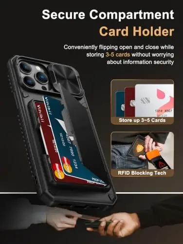 Vihibii for iPhone 12 Pro Max Case Wallet with Card Holder (4 Cards), Black | RFID Blocking, Slide Camera Cover, Raised Edges Protect Screen, Military-Grade Drop Protection Case for 12 Pro Max, Black - 3