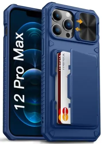 Vihibii for iPhone 12 Pro Max Case Wallet with Card Holder (4 Cards), Blue | RFID Blocking, Slide Camera Cover, Raised Edges Protect Screen, Military-Grade Drop Protection Case for 12 Pro Max, 2020 Blue - 1