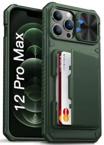 Vihibii for iPhone 12 Pro Max Case Wallet with Card Holder (4 Cards), Green | RFID Blocking, Slide Lens Camera Cover, Military-Grade Drop Protection, Rugged Back, Silicone Edge Phone Case, 2020, Green - 1