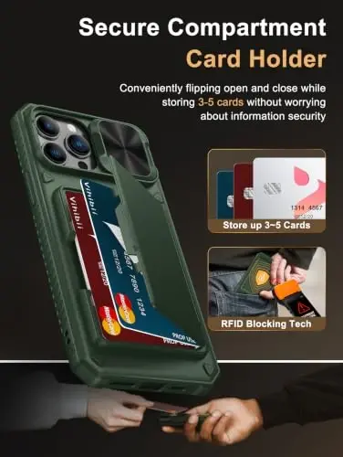 Vihibii for iPhone 12 Pro Max Case Wallet with Card Holder (4 Cards), Green | RFID Blocking, Slide Lens Camera Cover, Military-Grade Drop Protection, Rugged Back, Silicone Edge Phone Case, 2020, Green - 3