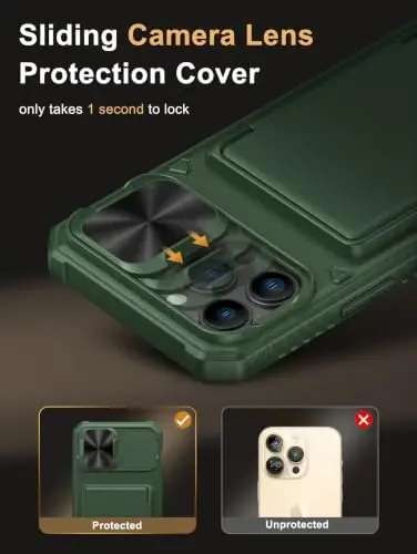 Vihibii for iPhone 12 Pro Max Case Wallet with Card Holder (4 Cards), Green | RFID Blocking, Slide Lens Camera Cover, Military-Grade Drop Protection, Rugged Back, Silicone Edge Phone Case, 2020, Green - 4