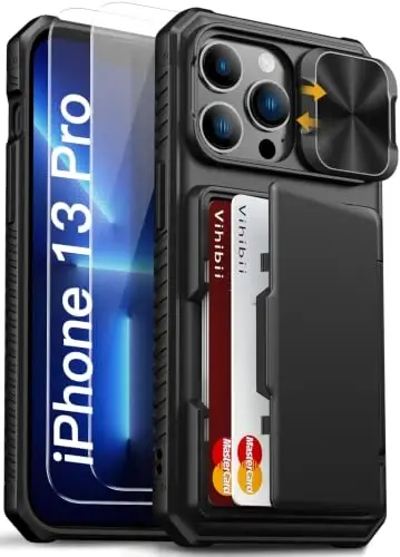 Vihibii for iPhone 13 Pro Case Wallet, 2X HD Screen Protectors, 2021, Black | Card Holder (4 Cards), HD Clear, 9H Hardness, Slide Camera Lens Cover, Military-Grade Drop Protection, Easy Installation - 1