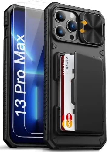 Vihibii for iPhone 13 Pro Max Case Wallet, 2X HD Screen Protectors, Black | Card Holder (4 Cards), HD Clear, 9H Hardness, Slide Camera Lens Cover, Military-Grade Drop Protection, Easy Installation - 1