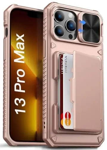 Vihibii for iPhone 13 Pro Max/iPhone 12 Pro Max Case with Card Holder (4 Cards), [RFID Blocking] & Slide Lens Camera Cover, Military Grade Drop Protection, Heavy Duty Wallet Phone Case, Rose Gold - 1