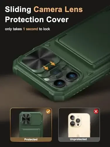 Vihibii for iPhone 13 Pro Max/iPhone 12 Pro Max Wallet Case, Built-in Card Holder (4 Cards), [RFID Blocking] & Slide Camera Cover, Military Grade Drop Protection, Silicone Soft Edge Phone Case, Green - 4