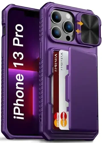 Vihibii for iPhone 13 Pro Wallet Case with Card Holder (4 Cards), [RFID Blocking] & Slide Camera Lens Cover & Raised Edges Protect Screen, Shockproof Rugged Case for iPhone 13 Pro, 6.1