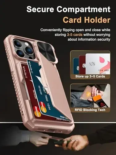 Vihibii for iPhone 13 Pro Wallet Case with Card Holder (4 Cards), [RFID Blocking] & Slide Lens Camera Cover & Raised Edges Protect Screen, Shockproof Rugged Wallet Phone Case, 6.1